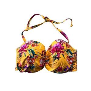 Sunseeker Australia Women's Yellow Floral Print Tie Neck Bikini Top Size 40DD NW